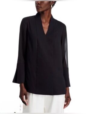 Misook Women's Navy Sheer Sleeve Open Front Shirt